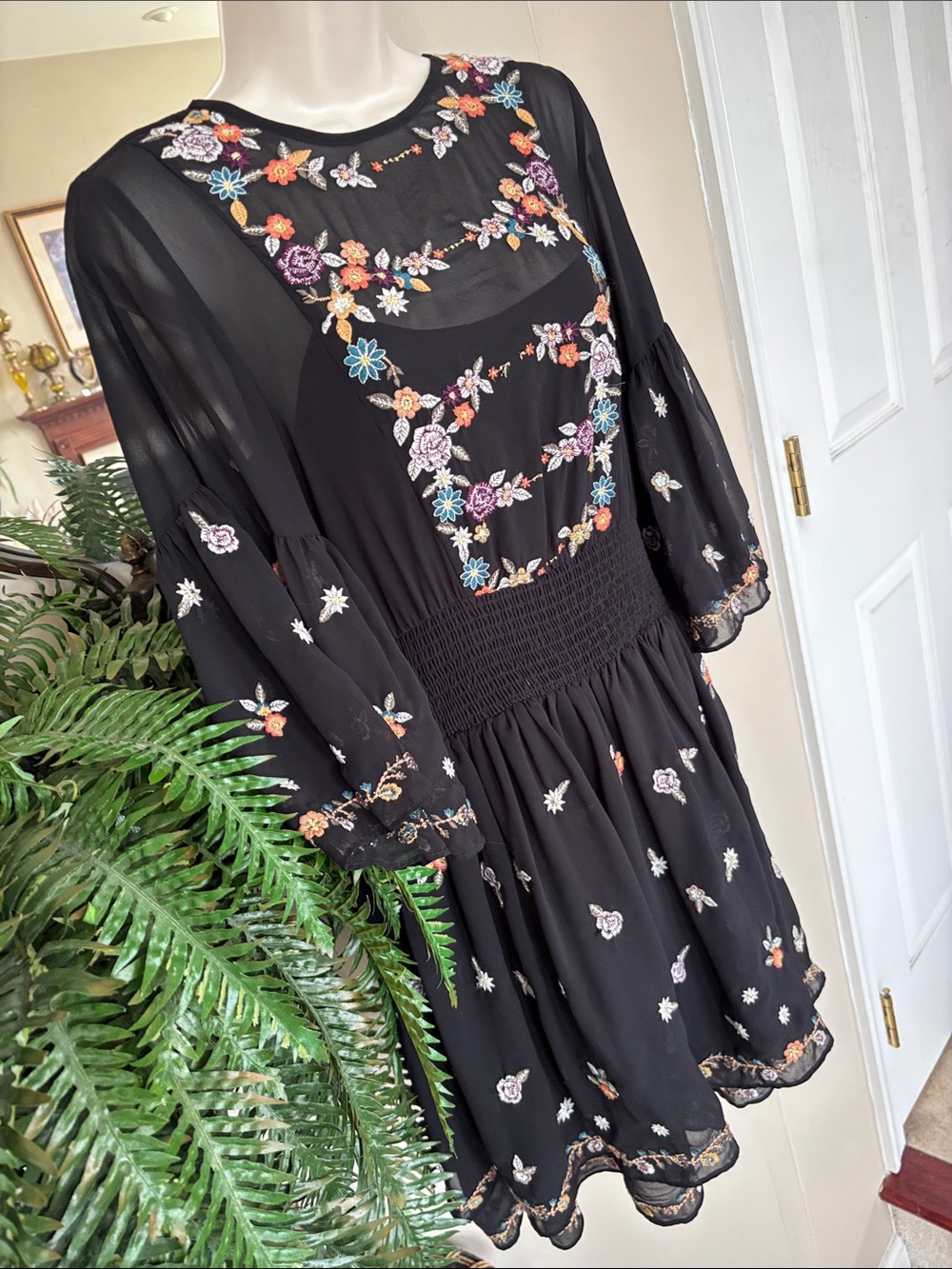 Maeve Anthropologie Black Floral Embroidered Layered Sheer Ruffle Mini Dress - Picture 6 of 15